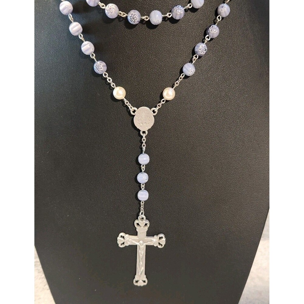 Inri Rosary Cross Crusifix Necklace Jesus Faux Pear Purple Beads 19"